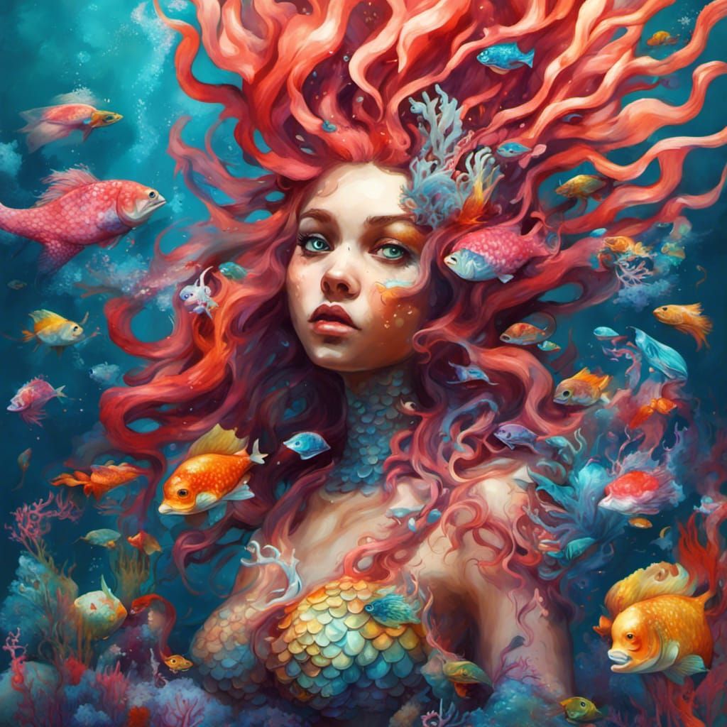 Magical Mermaid and Fish Familiar in Graffiti Art