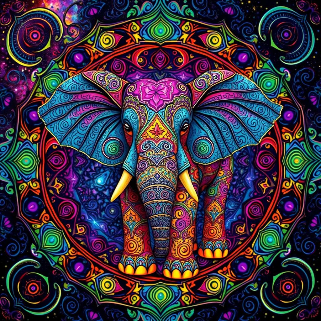 Mystical Felted Elephant in Cosmic Mandala