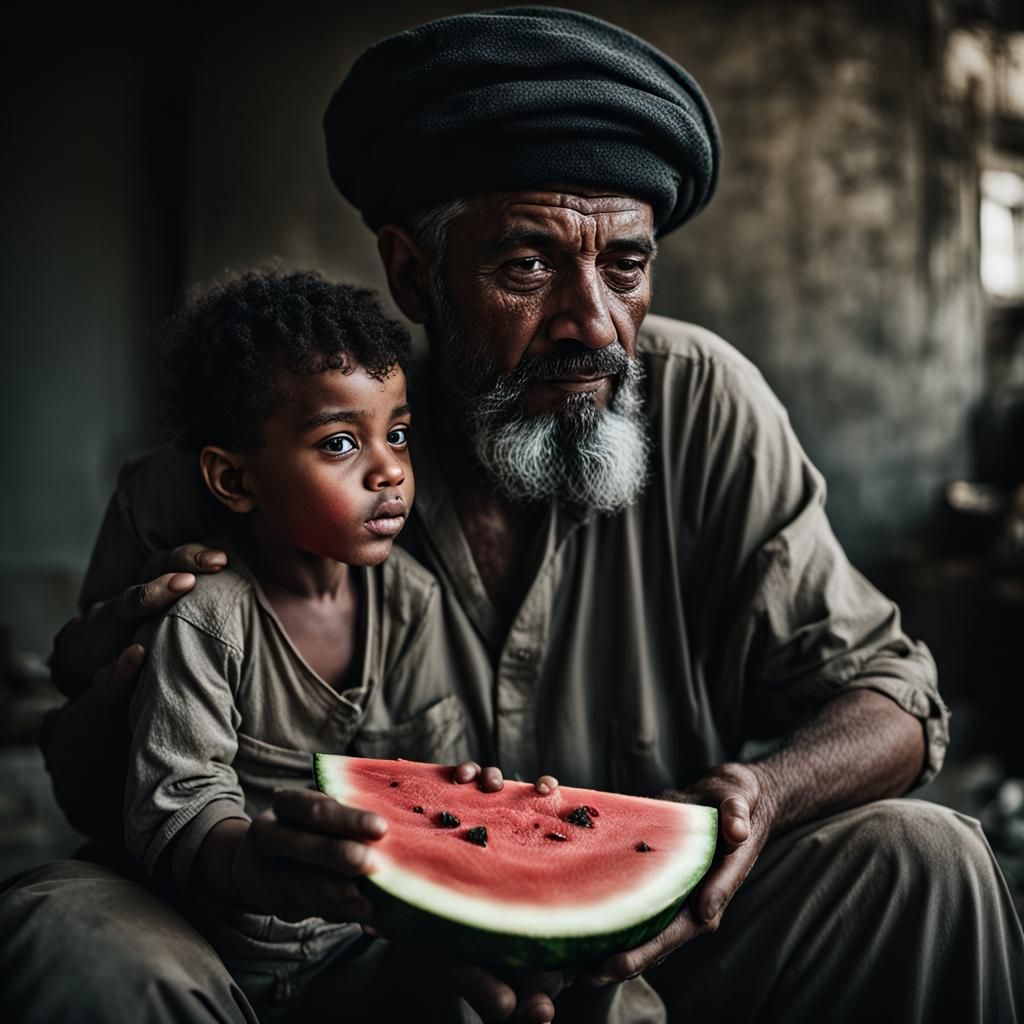 Father and Son Share Watermelon in War Zone