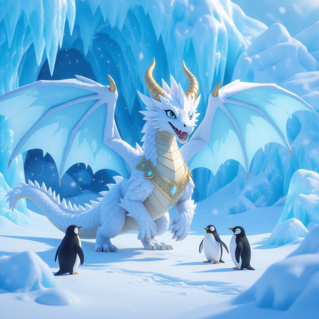 Icy Dragon Chasing Penguins in Arctic Anime Style