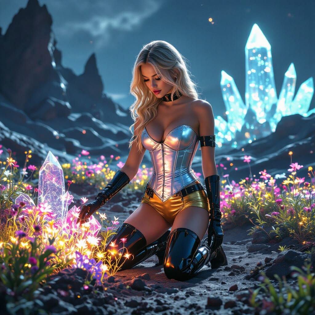 Woman Tends Bioluminescent Garden on Alien Planet