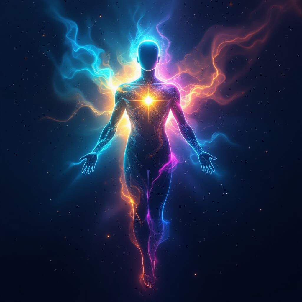 Cosmic Entity Nebula Human Form in Vibrant Hues