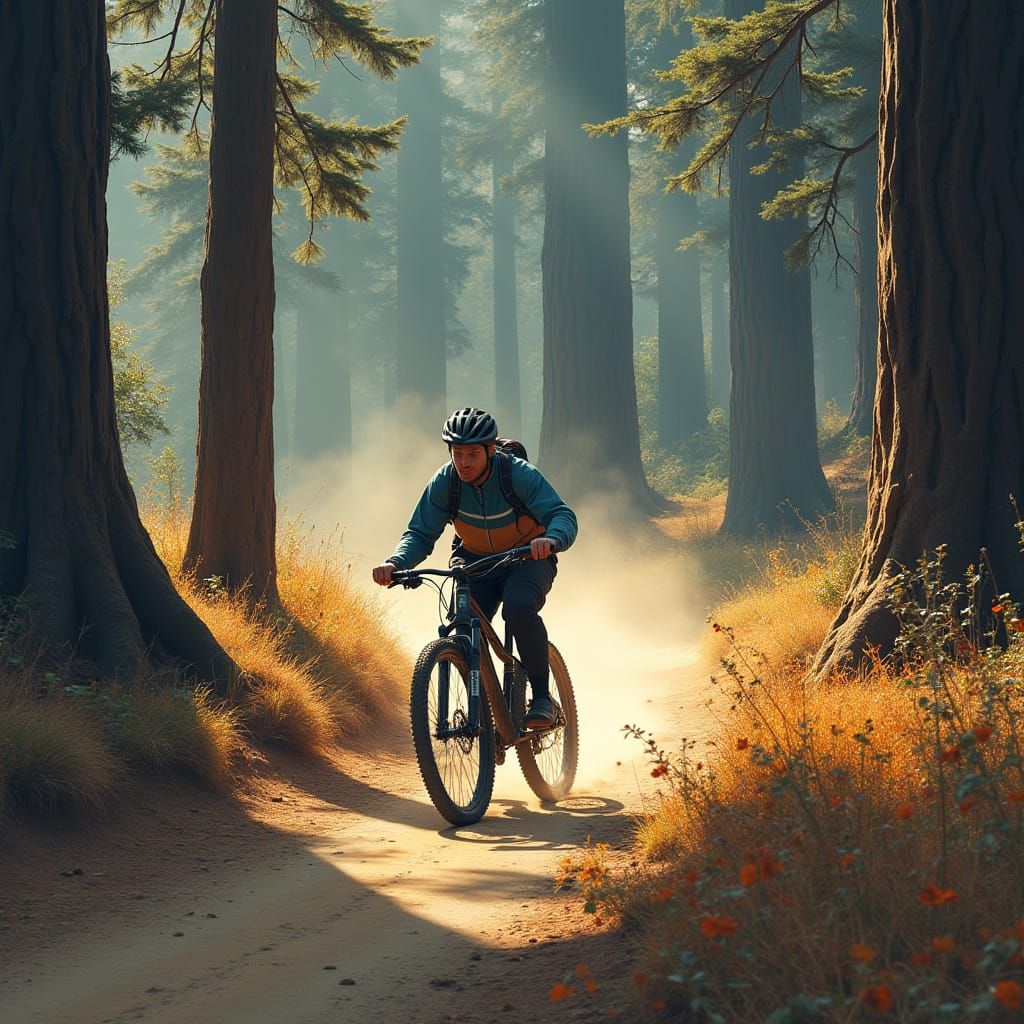 Santa Cruz Mountain Biker Among Redwood Trees