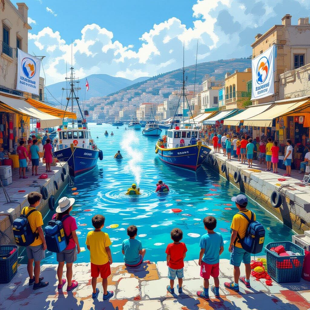 Vibrant Harbor Scene of Ghost Net Removal