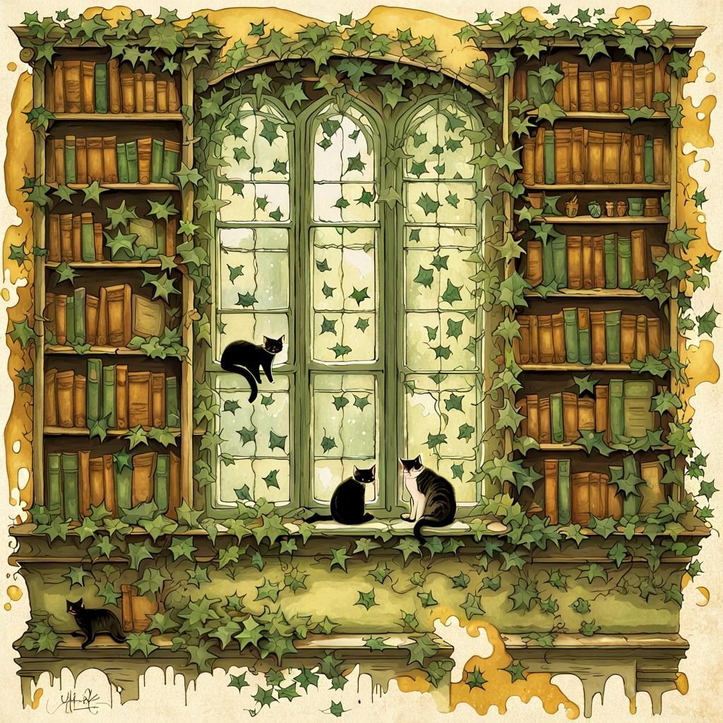 Cats Play in a Whimsical Grattage Bookshop