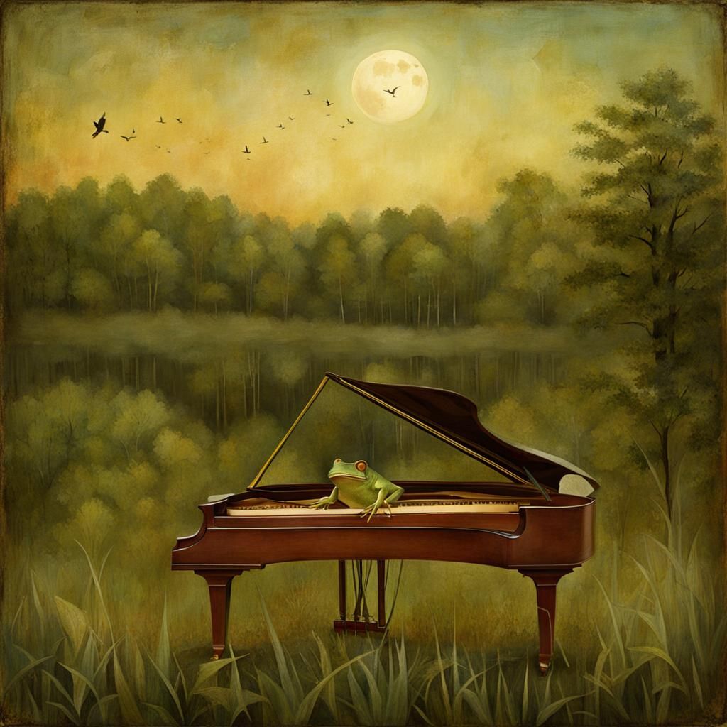 Evening Frog Concert in Folk Art Style