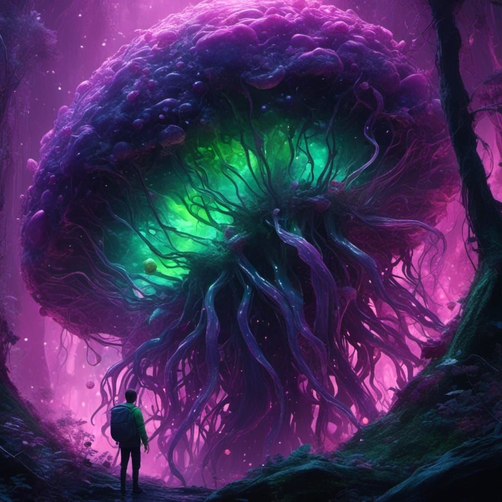 Dark Forest with Mold Monster and Floating Jellyfish