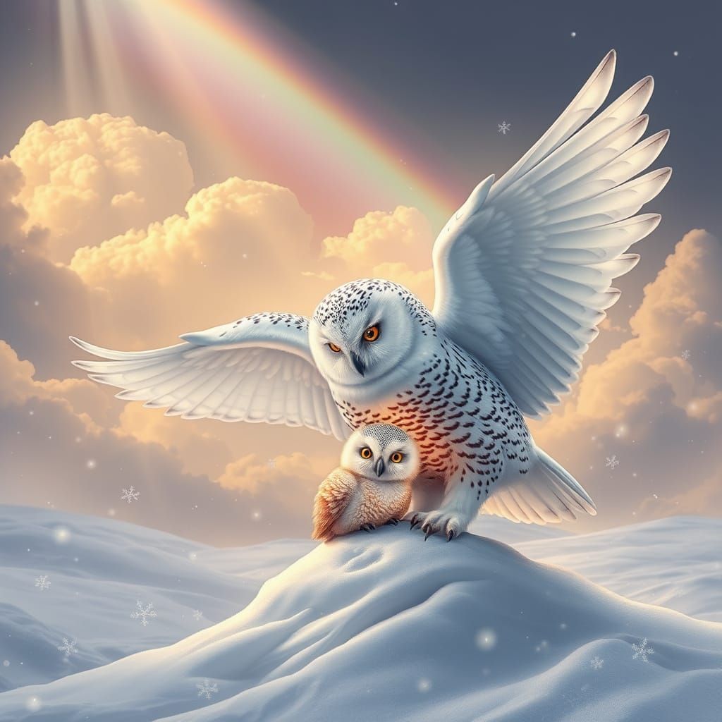 Regal Snow Owl Cradles Fledgling in Winter Wonderland