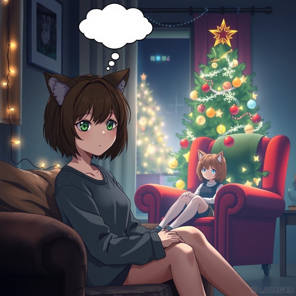 Sensual Anime Girl Contemplates Winter Solace in Festive Set...