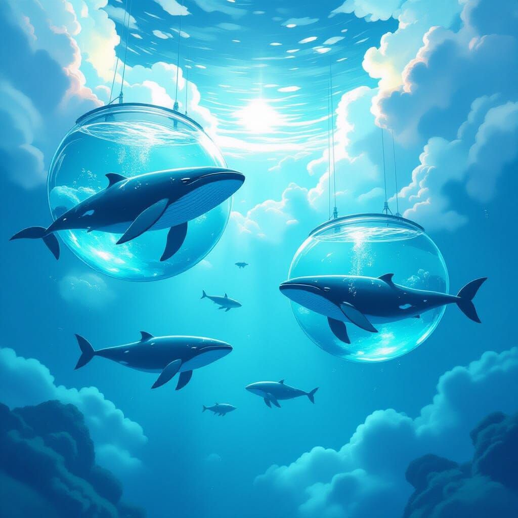 Surreal Dreamscape: Whales and Rays in Sky Aquariums
