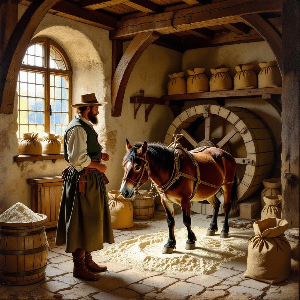 Medieval Miller and Donkey in Sunlit Mill