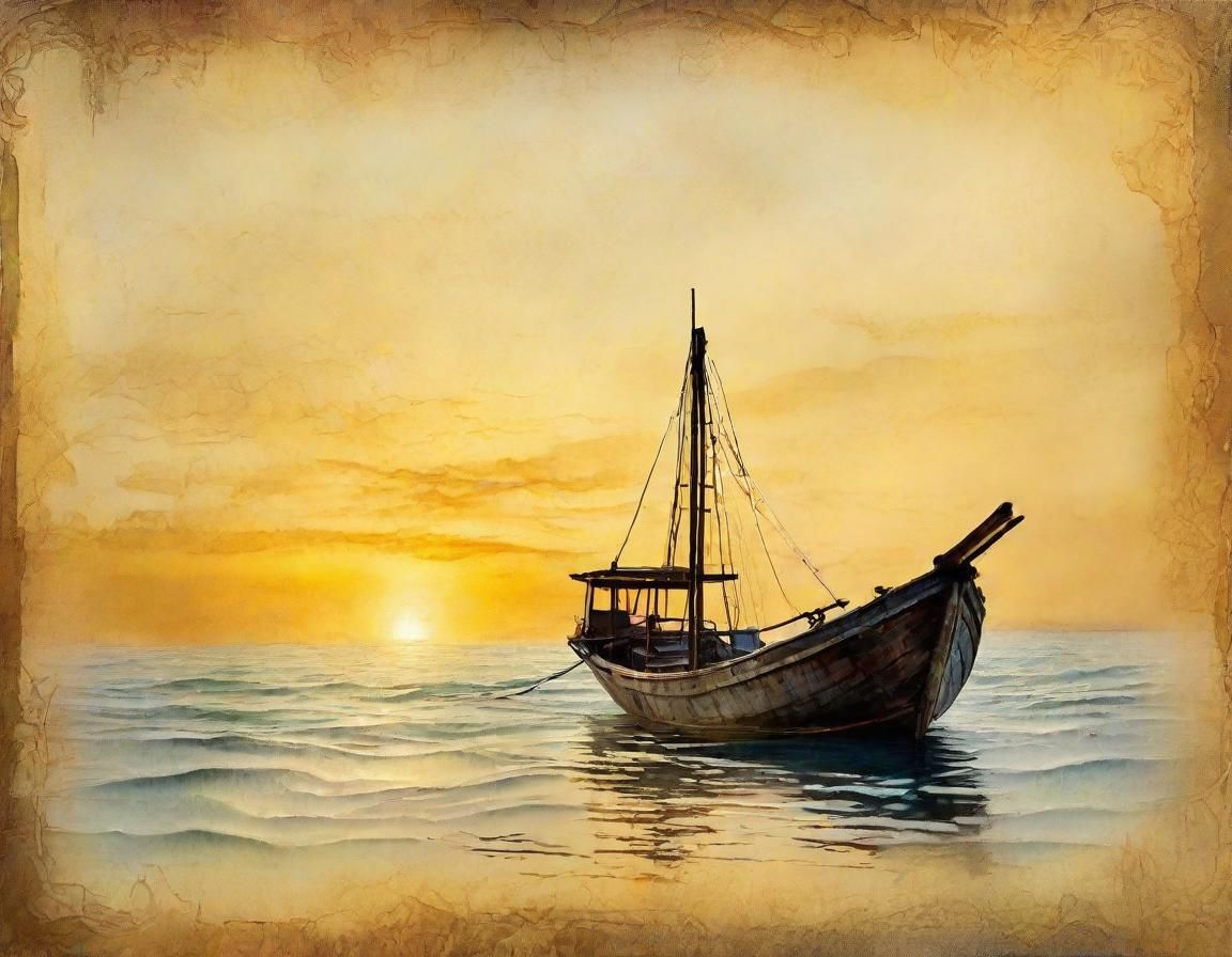 Japanese Fishing Boat Drifts at Dawn as Impressionist Painti...