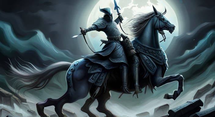 Armored Knight Rides Skeletal Horse in Graveyard