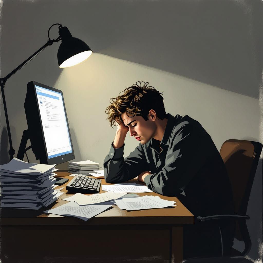 Exhausted Worker Overwhelmed by Desk Clutter and Harsh Light