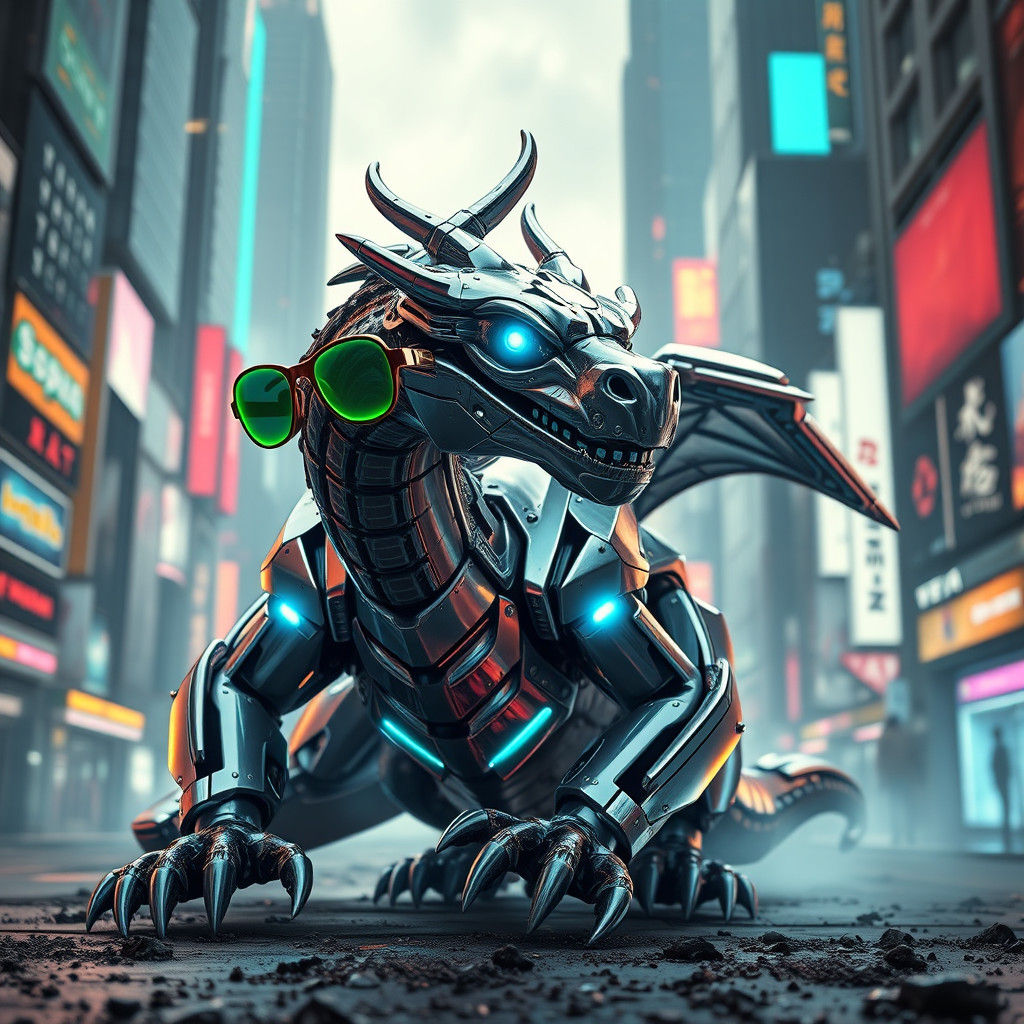 Metallic Dragon with Sunglasses in Cyberpunk Cityscape