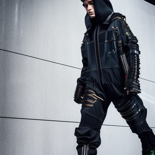 cyberpunk techwear streetwear look and clothes, we can see them from feet to head, highly detailed and intricate, golden...