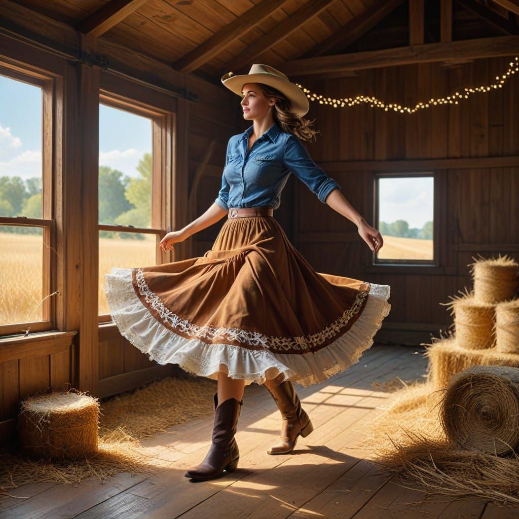 Lively Cowgirl Dances Country Style in Rustic Barn