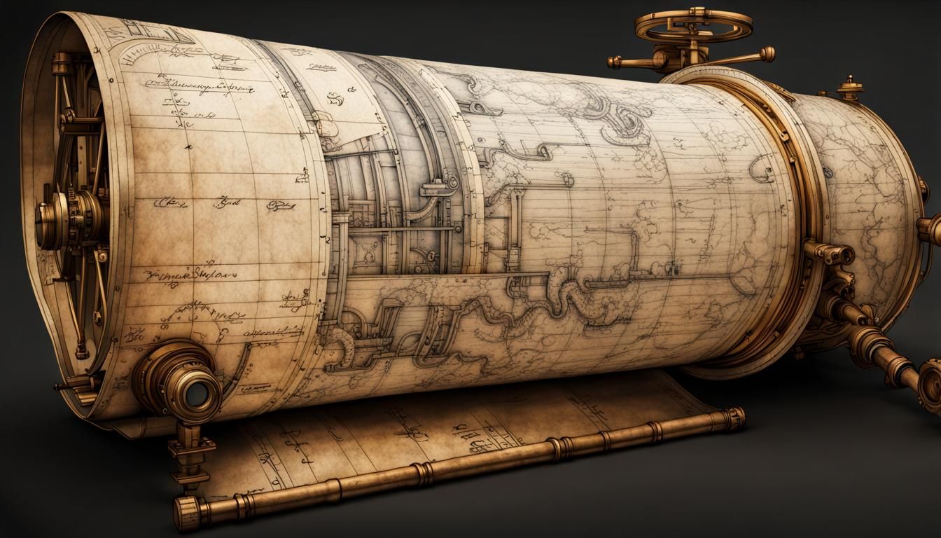 Detailed Blueprint of Mechanical Device in Da Vinci Style