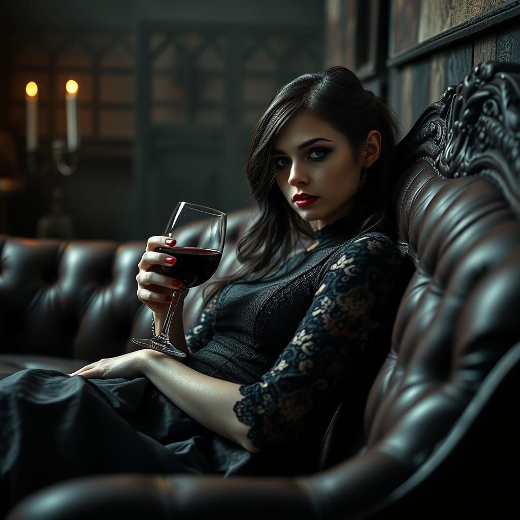 Dark Gothic Girl Sips Red Wine in Moody Atmosphere
