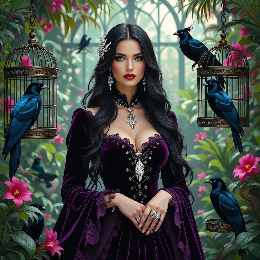 Gothic Woman in Aviary with Exotic Birds