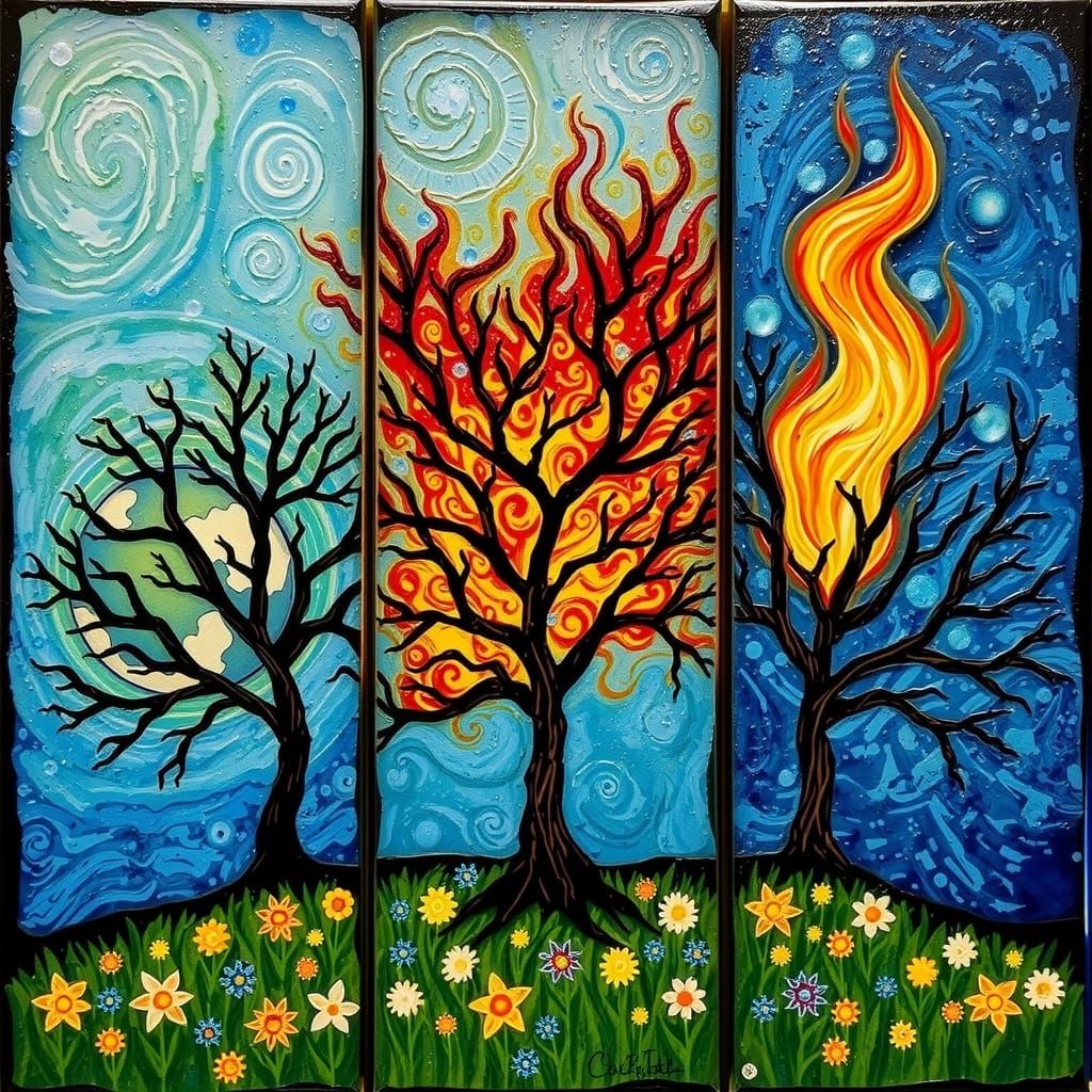 Encaustic Triptych: Earth, Wind, and Fire Trees