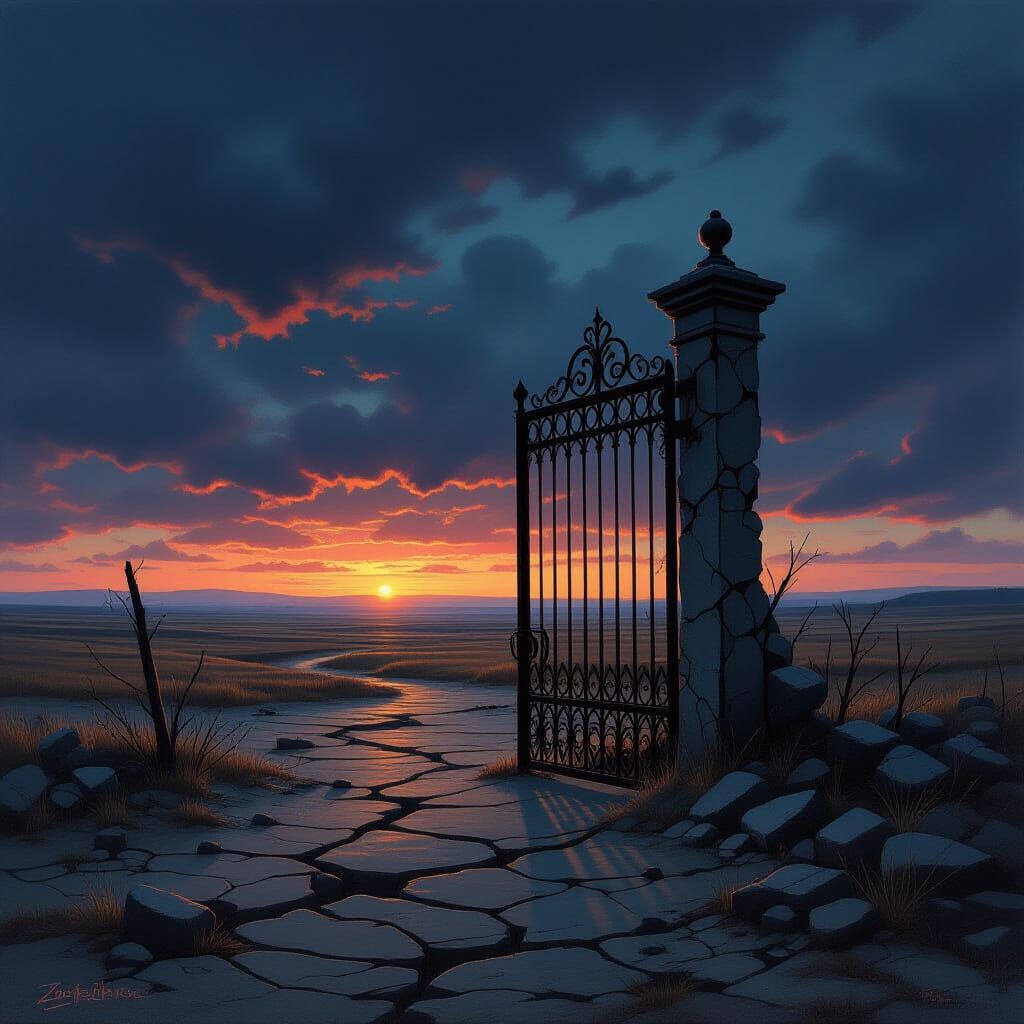 Ancient Gate in Desolate Wasteland - Dark Fantasy Oil Painti...