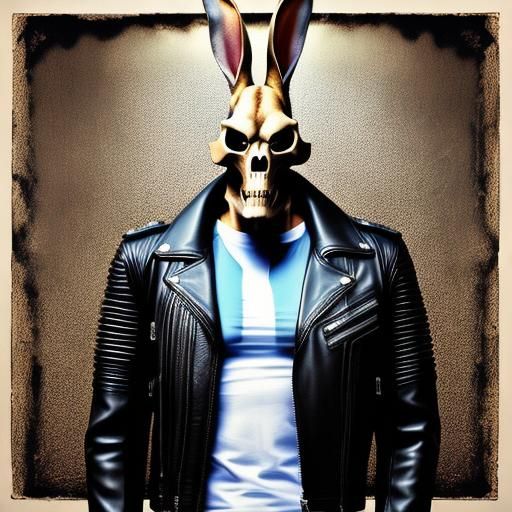 Rabbit Skull Man in Leather Jacket with Mandelbrot T-Shirt
