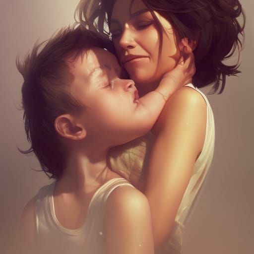 Detailed Portrait of Mother and Son, Hyperrealistic Art