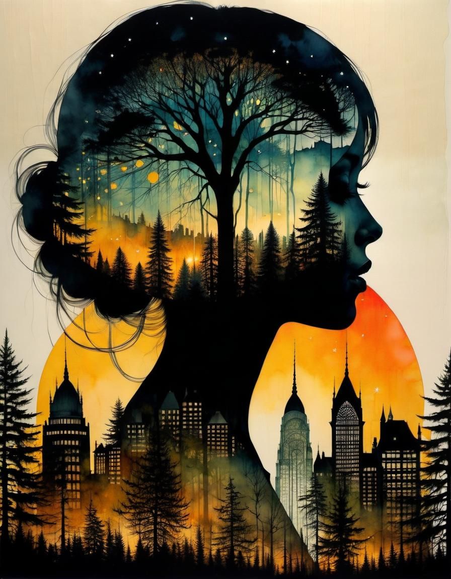 Double Exposure Sunset World in Intricate Detail