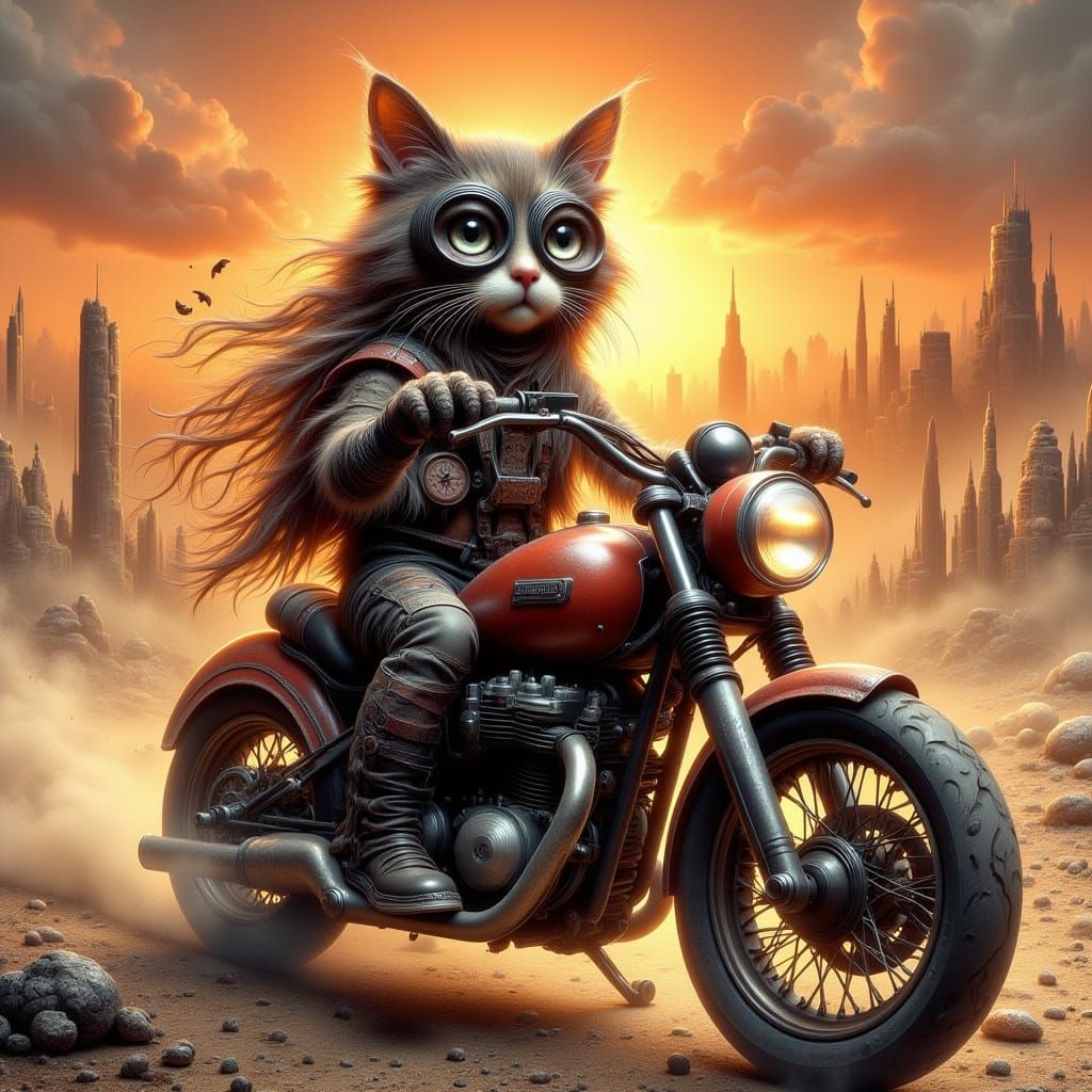 Motorcycle Kitten in Post-Apocalyptic Wasteland
