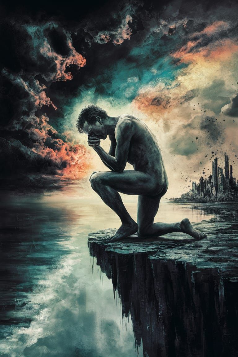 Solitary Man's Despair Overlooking Crumbling City