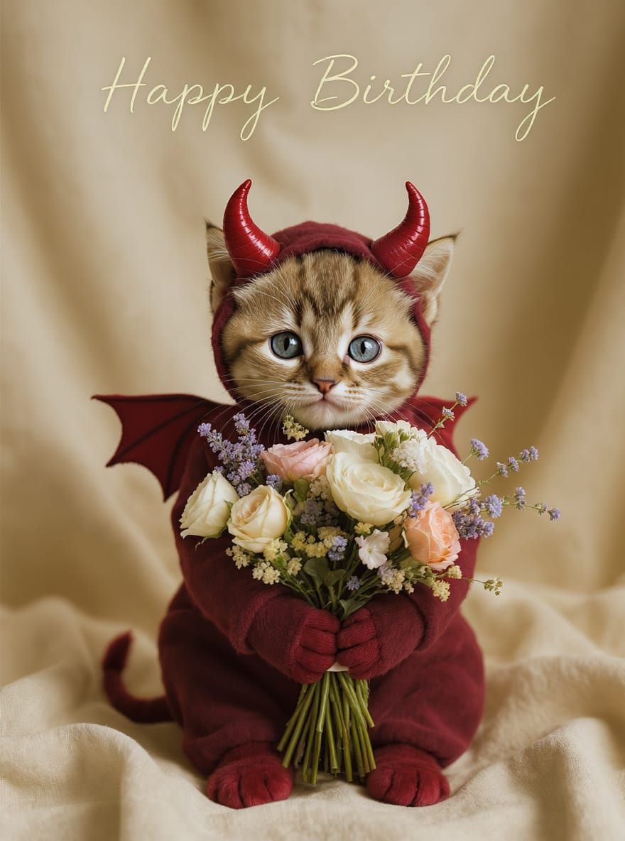 Kitten Devil with Flowers: Whimsical Photo-Style Image