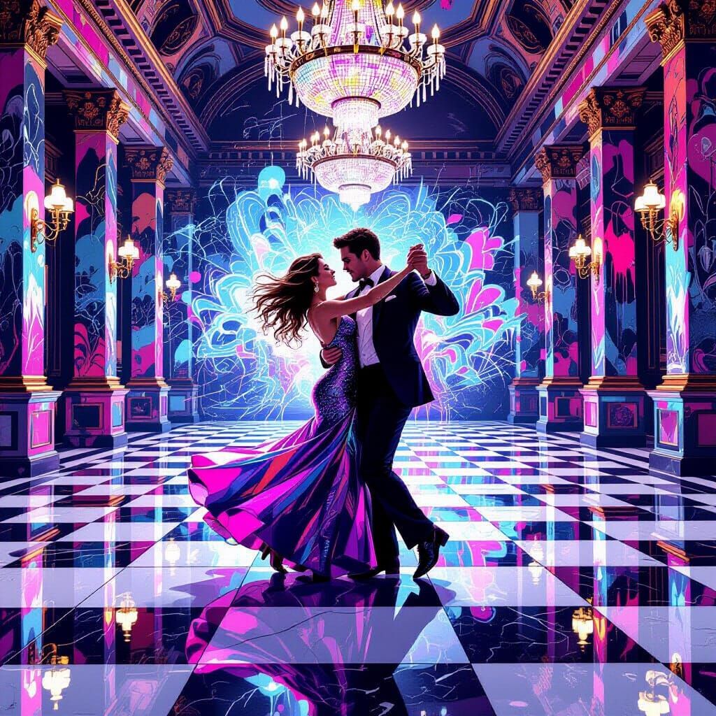 Couple Dancing in Grand Ballroom with Graffiti Art
