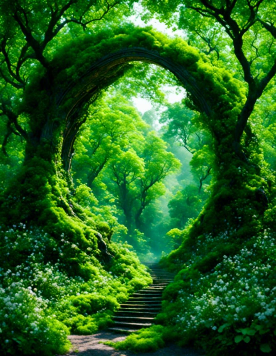 Lush green trees arched in the shape of a doorway leading in...