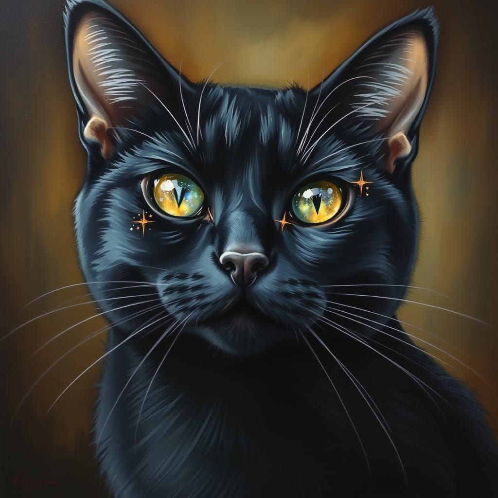 Realistic oil painting. Black cat with stars and galaxies in his eyes.