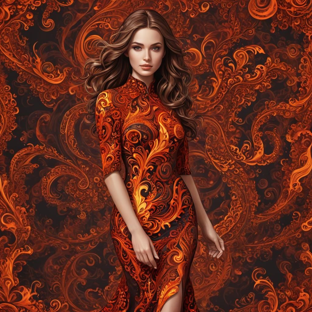 Fire Dress Girl with Abstract Fractal Background