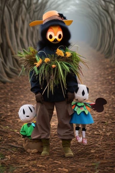 Creepy Cute Scarecrow Family in Dark Forest