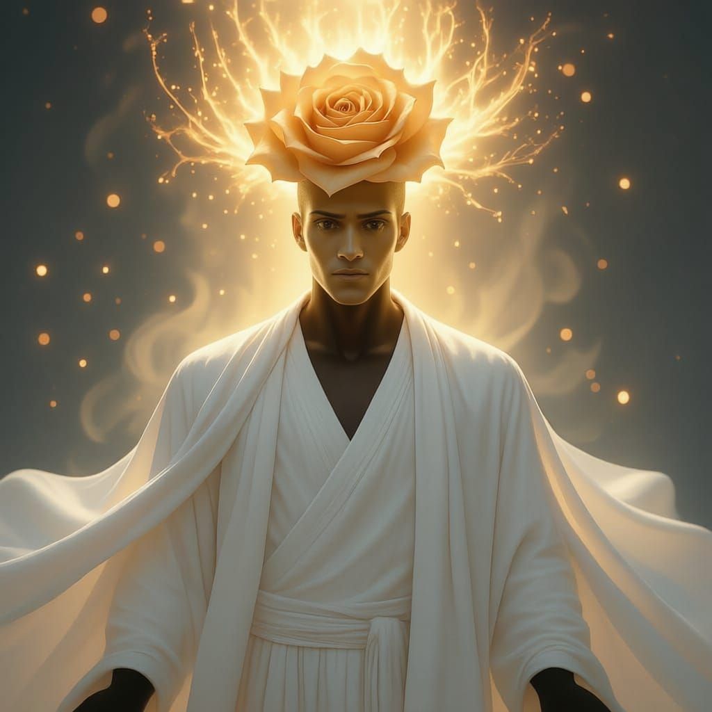 Radiant Figure with Golden Rose, Hyperrealistic Art