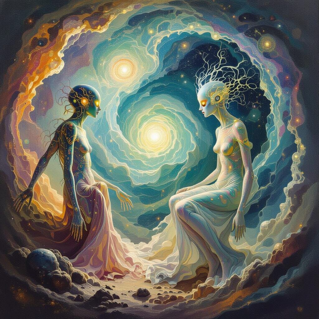 Surrealist Figures in Ethereal Bioluminescent Light