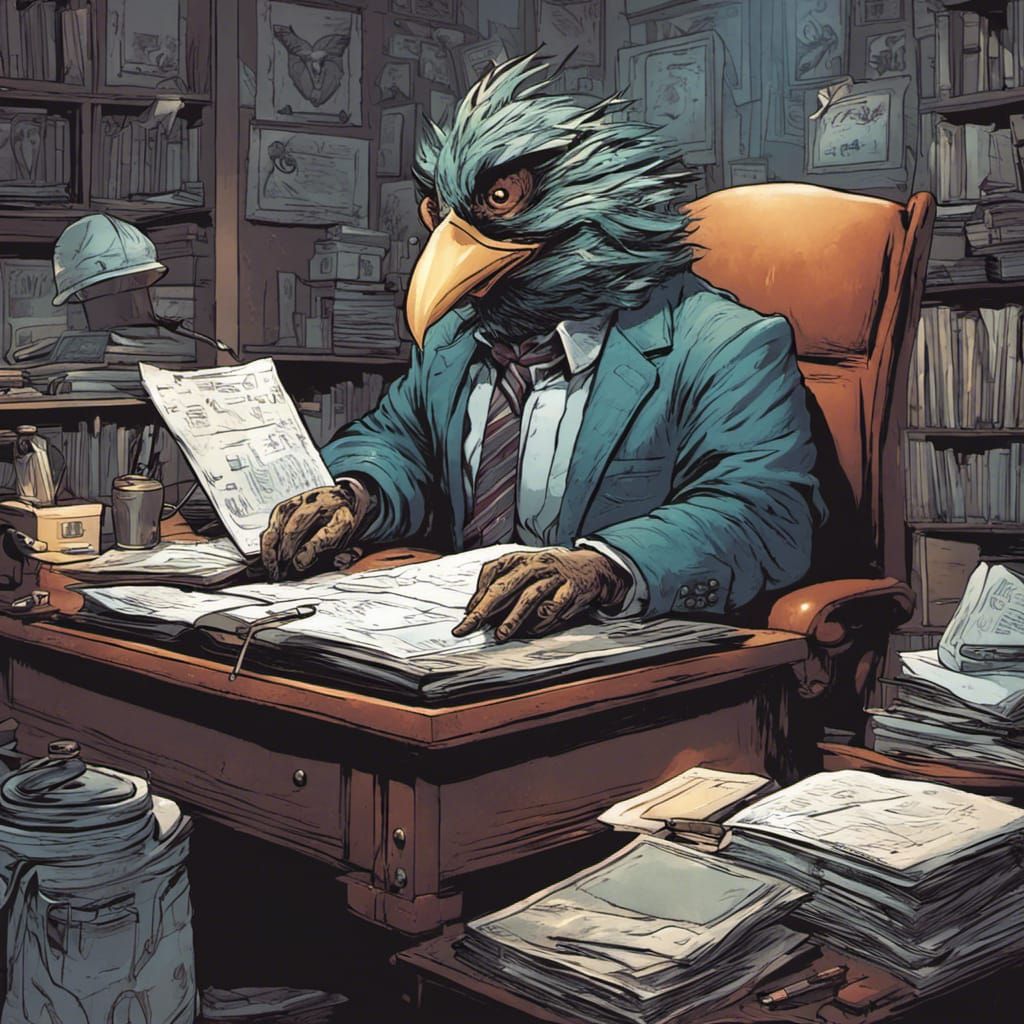 Birdfolk Secretary at Desk: Comic Book Art