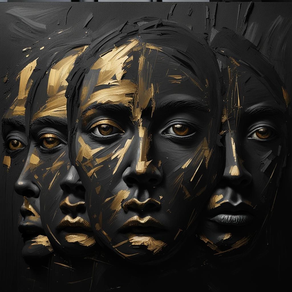 Recursive Black and Gold Faces in Grunge Style
