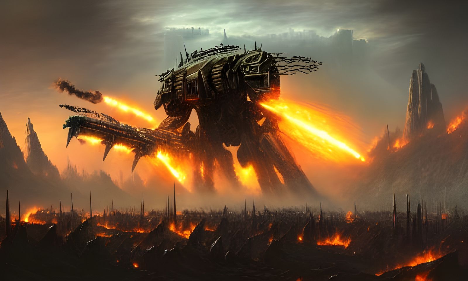 Epic Mechanized Fortress Under Siege in Burning Forest