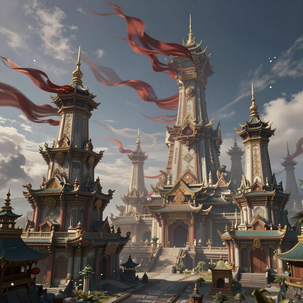 Fantastical Wind Temples with Flowing Banners