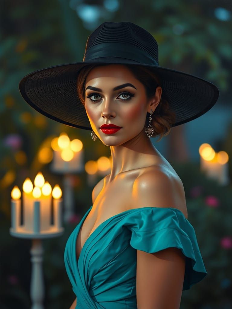 Elegant Woman in Turquoise Evening Gown at Nighttime Garden ...