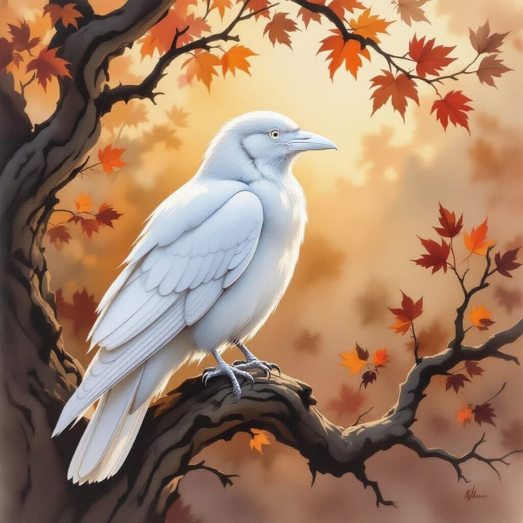 White Crow on Oak Branch in Autumn Watercolor