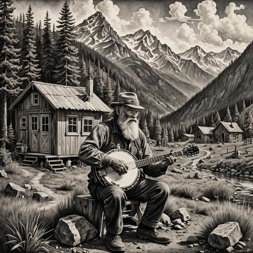 Banjo Player in the Mountains: Charcoal Drawing