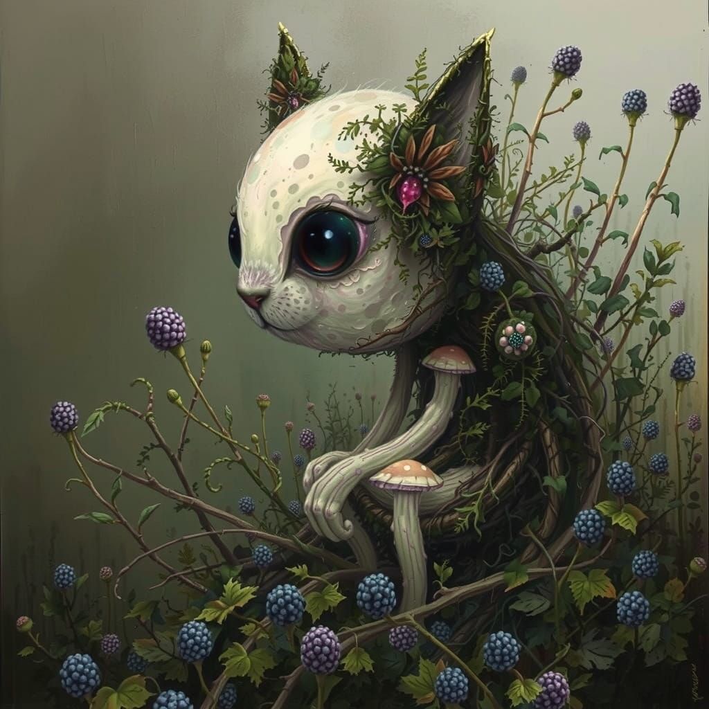 Mystical Lichen Cat in Blackberry Patch, Fae Art