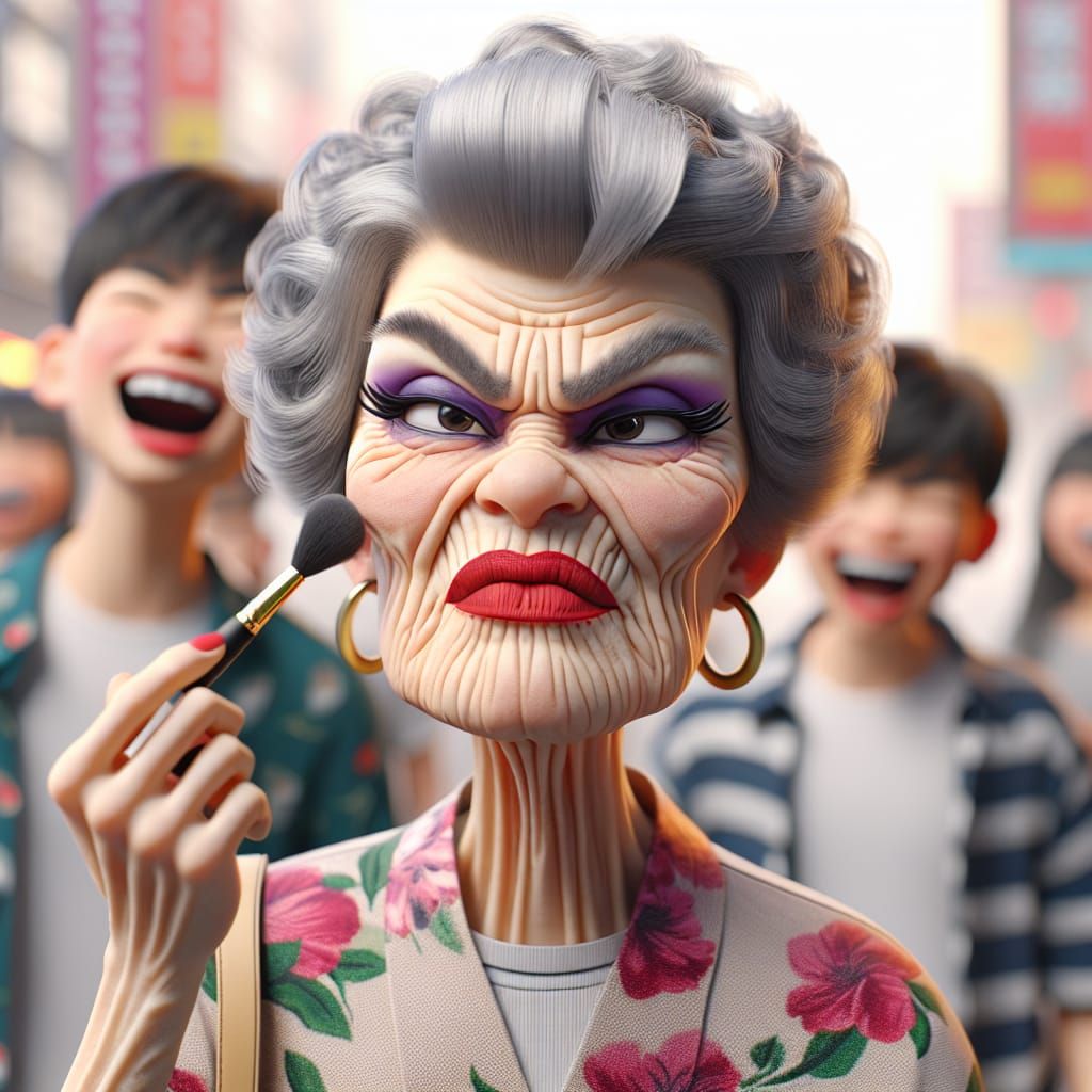 (3d animation of a caricatured realistic elderly lady with exaggerated make-up, wearing bold lipstick and eye shadow,  p...