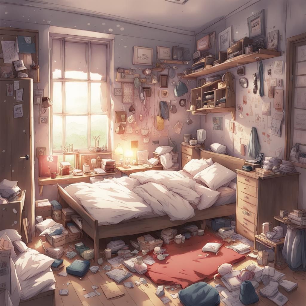 Anime-Style Messy Bedroom Illustration