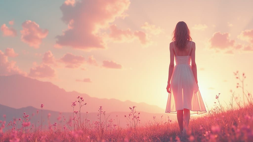 Ethereal Woman in Surreal Landscape, Watercolor Style